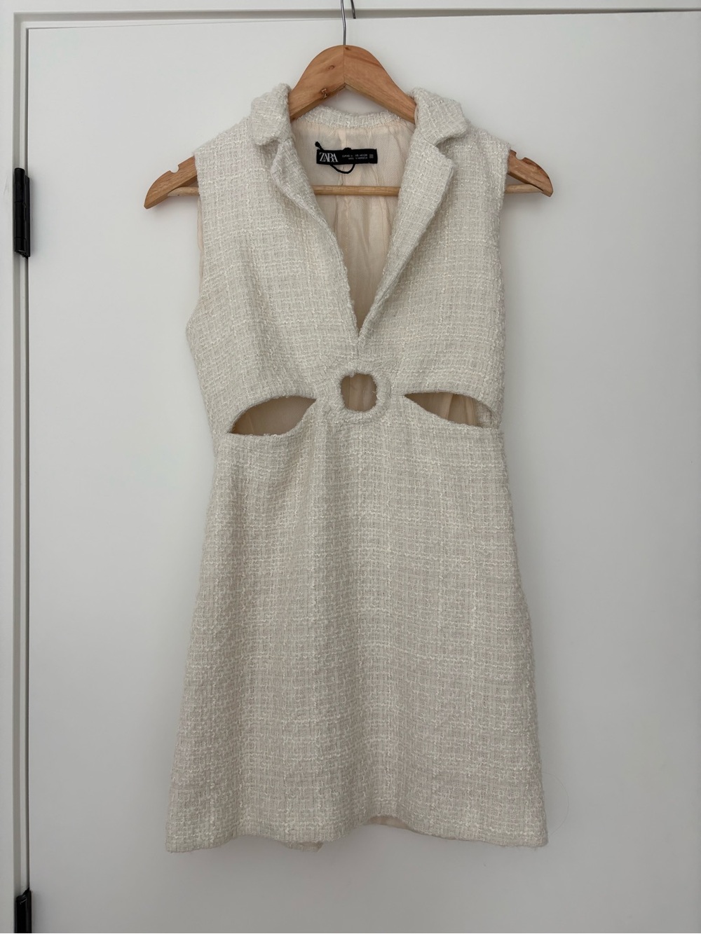 ZARA Cream Tweed Sleeveless Mini Dress with Front Cutouts